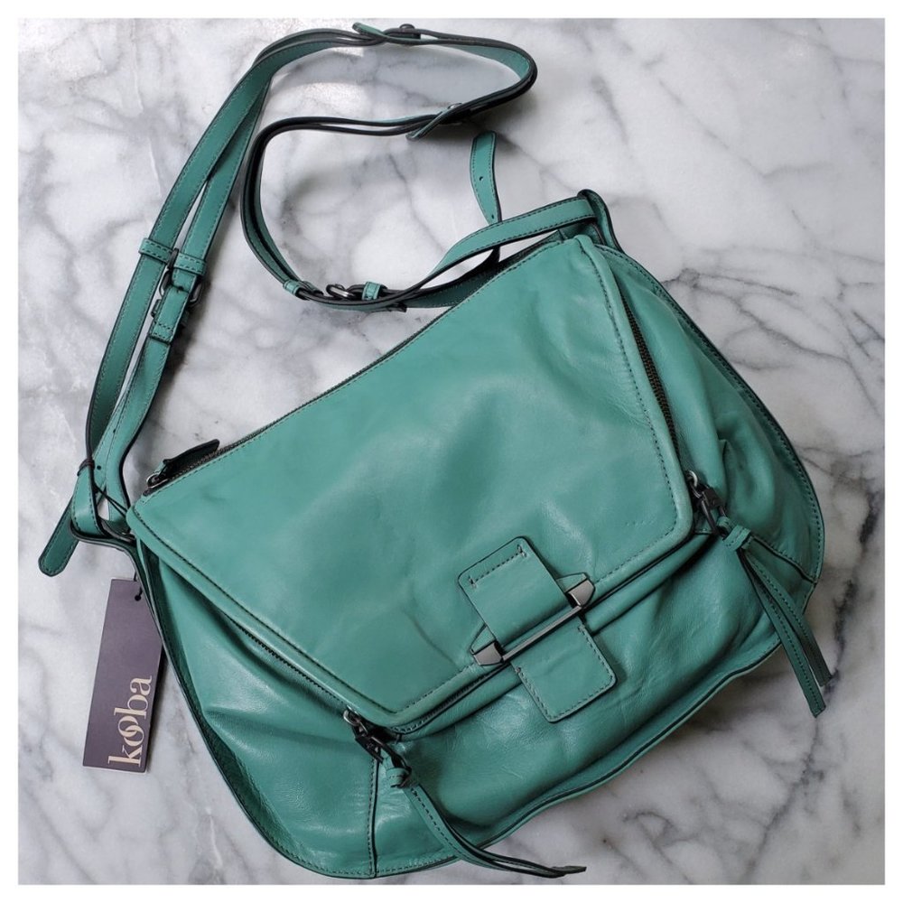 NWT Kooba Leroy Leather Cross Body Bag in Sea Glass blue teal